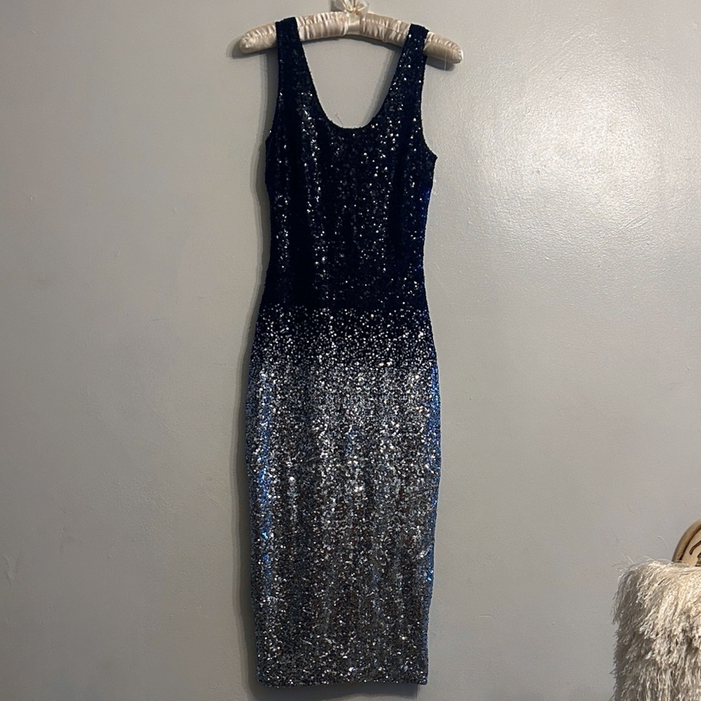 Fashion Nova Surrender Ombre Sequin Midi Dress Black Silver Small Bodycon EUC